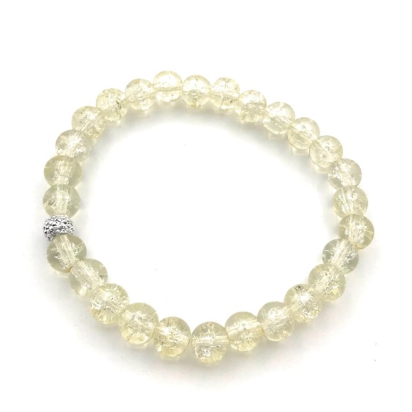 Pale Yellow Crackle Glass Beaded Stretch Bracelet - Picture 3 of 4